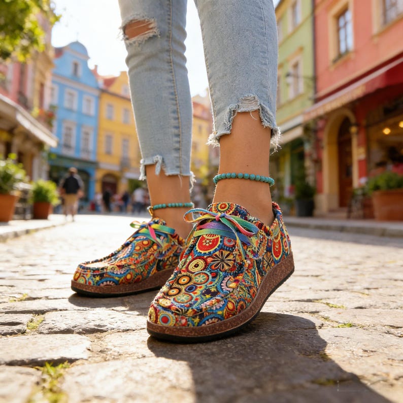 May include: Brightly patterned slip-on shoes with rainbow laces. The shoes display a vibrant mix of red, yellow, blue, and green floral and paisley designs. The shoes are worn with light blue jeans and a turquoise bracelet.