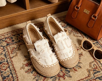 Przetarte płócienne buty wsuwane w stylu boho, dżinsowe, płaskie, postarzane espadryle z frędzlami, mokasyny vintage z okrągłym noskiem, obuwie casualowe damskie Cottagecore