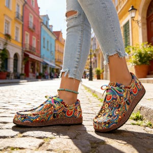 Colorful Bohemian Mandala Print Canvas Loafers for Women, Rainbow Lace Up Casual Shoes with Rubber Sole & Comfort Low Heel image 12