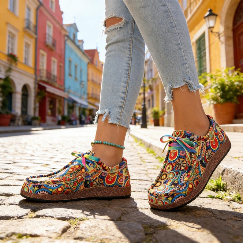 Colorful Bohemian Mandala Print Canvas Loafers for Women, Rainbow Lace Up Casual Shoes with Rubber Sole & Comfort Low Heel image 12