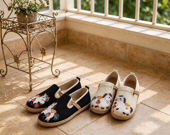 Cute Animal Embroidered Flats Whimsical Pony Canvas Slip On Shoes Cottagecore Espadrilles Vintage Round Toe Loafers Boho Summer Footwear