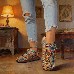 Colorful Bohemian Mandala Print Canvas Loafers for Women, Rainbow Lace Up Casual Shoes with Rubber Sole & Comfort Low Heel image 2