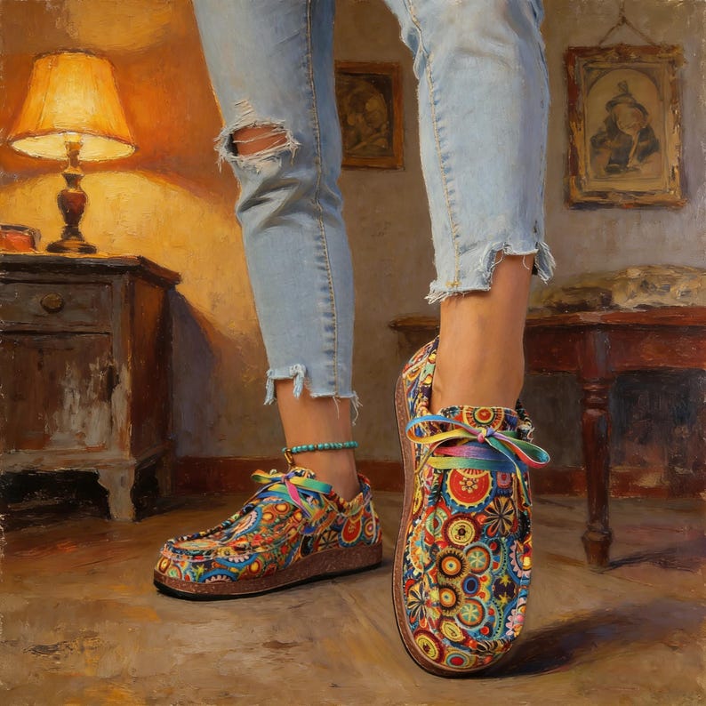 Colorful Bohemian Mandala Print Canvas Loafers for Women, Rainbow Lace Up Casual Shoes with Rubber Sole & Comfort Low Heel image 2