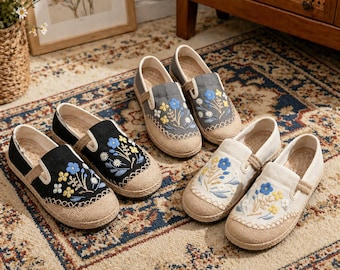 Floral Embroidered Flats Cottagecore Slip On Shoes Boho Espadrilles Linen Canvas Loafers Round Toe Vintage Fairycore Spring Footwear