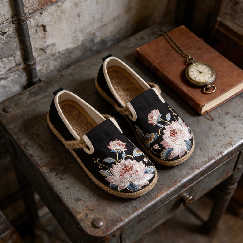 K&ouml;nnte beinhalten: Ein Paar schwarze Slipper mit floraler Stickerei. Die Schuhe haben eine Sohle aus Juteseil und ein cremefarbenes Innenfutter. Die gestickten Blumen sind rosa, blau und wei&szlig;. Die Schuhe werden auf einer Metalloberfl&auml;che pr&auml;sentiert.