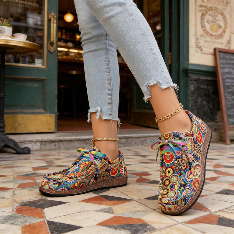 May include: Vibrant paisley-patterned slip-on shoes in blue, red, yellow, and green, with cork soles and rainbow laces. The shoes are worn with light blue jeans. The shoes are a stylish footwear choice.