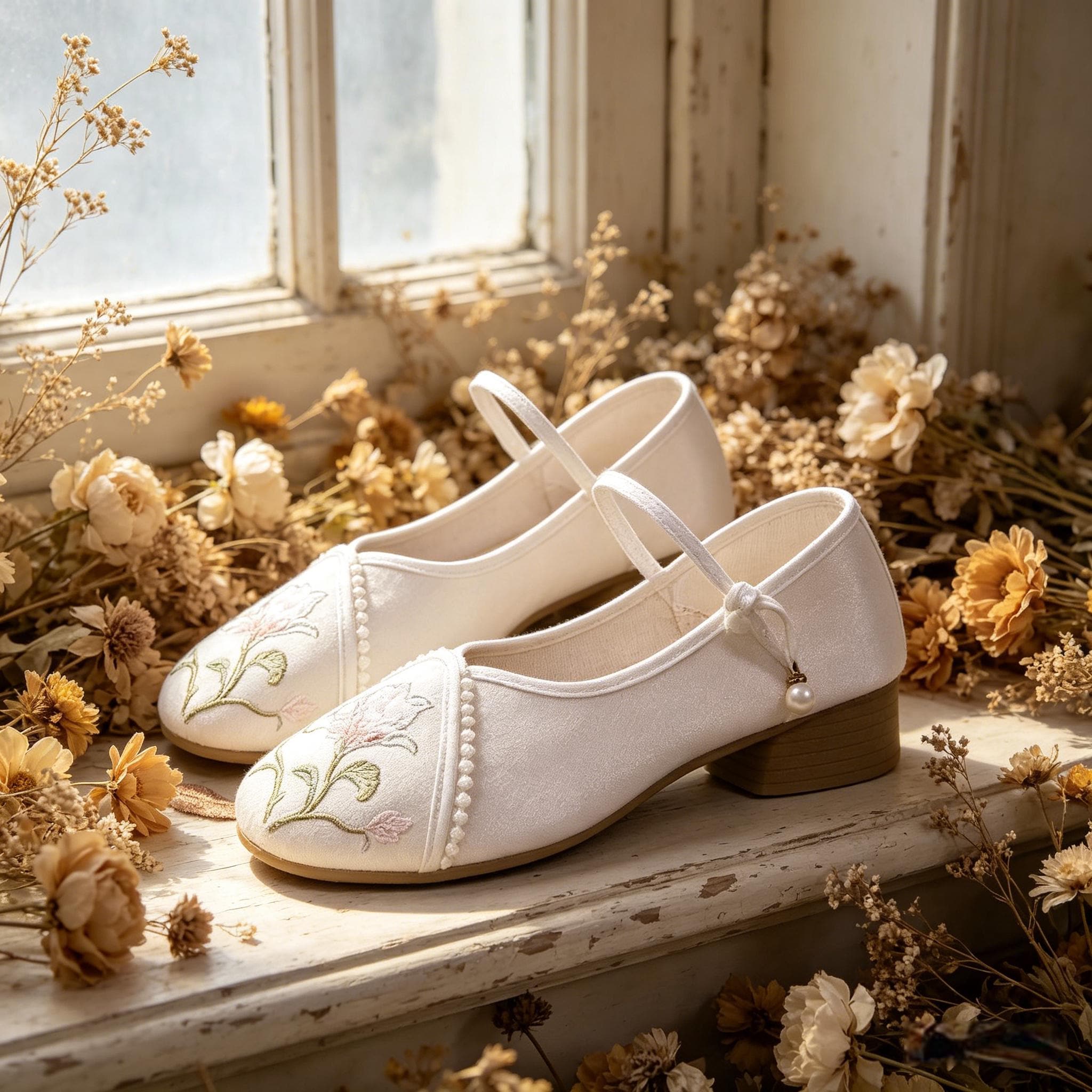 Vintage Floral Embroidered Flats Satin Mary Jane Shoes Cottagecore ...