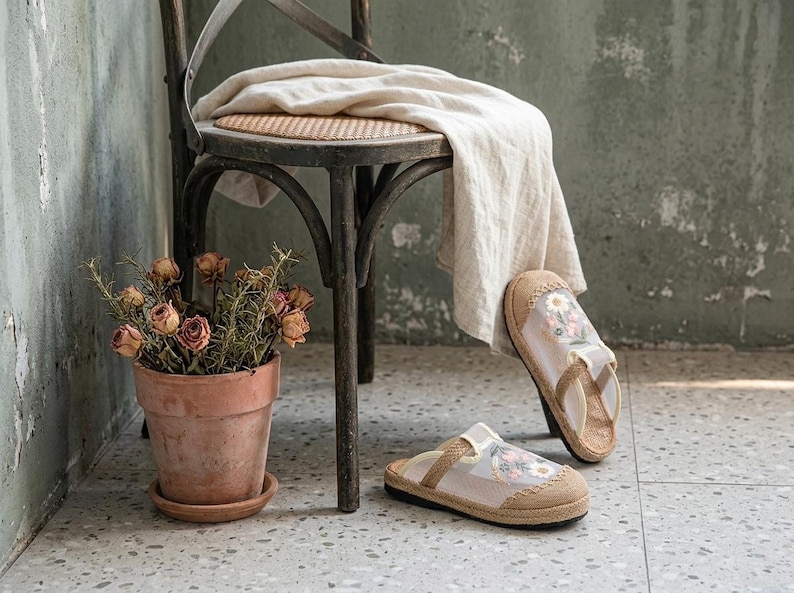 May include: Beige and white floral sandals with jute soles sit on a speckled floor. A vintage wooden chair with a woven seat and a beige cloth draped over it is in the background. A terracotta pot with dried roses is also visible.
