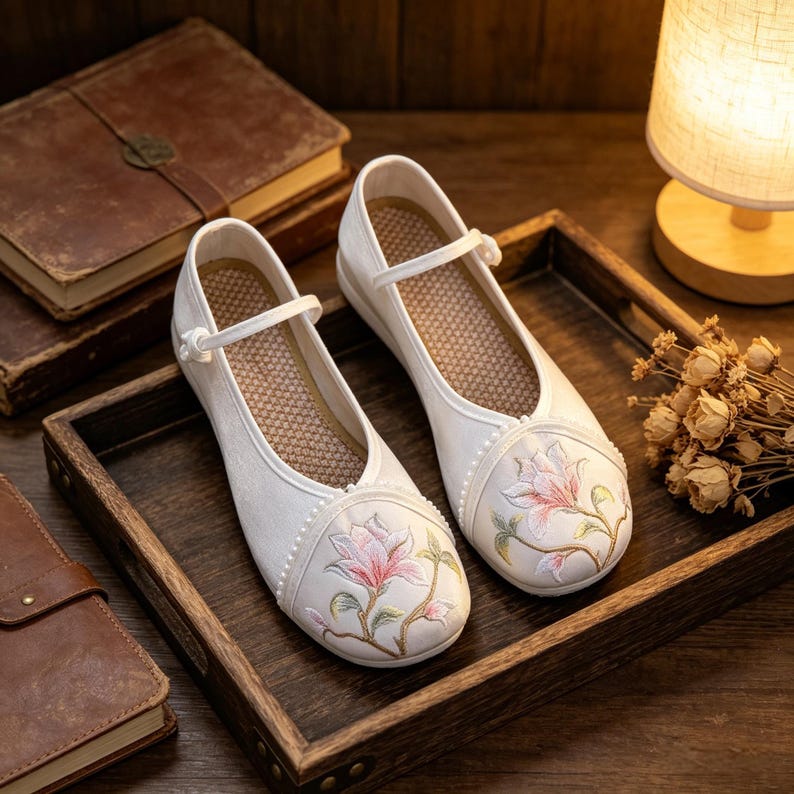 Vintage Floral Embroidered Flats Satin Mary Jane Shoes Cottagecore ...