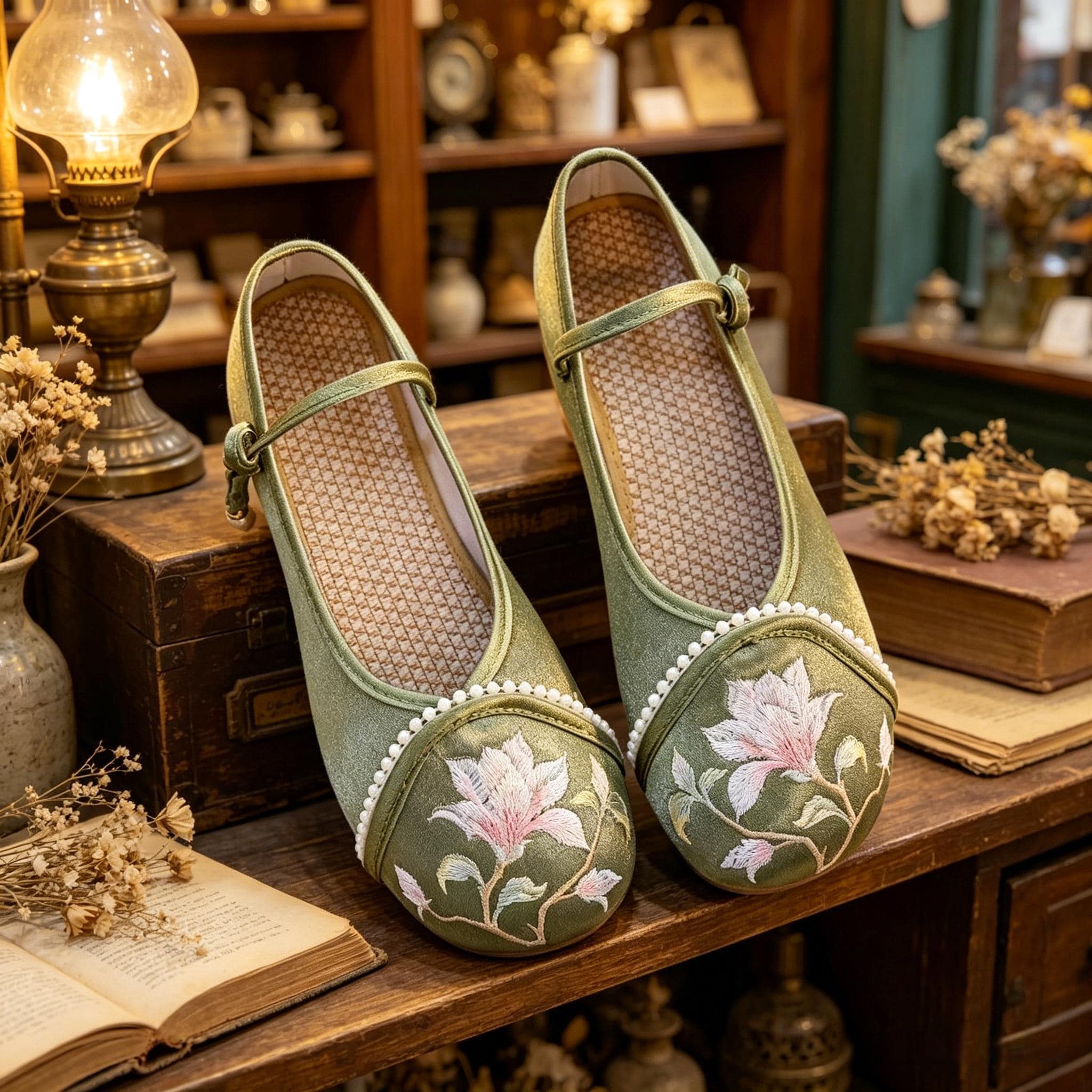 Vintage Floral Embroidered Flats Satin Mary Jane Shoes Cottagecore ...