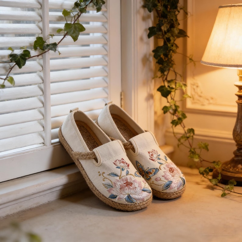 K&ouml;nnte beinhalten: Ein Paar cremefarbene Slipper mit floralen Stickereien in Rosa, Blau und Gr&uuml;n. Die Schuhe haben eine gewebte Jutesohle und ein Seildetail. Die Schuhe sind etwa 25 cm lang.