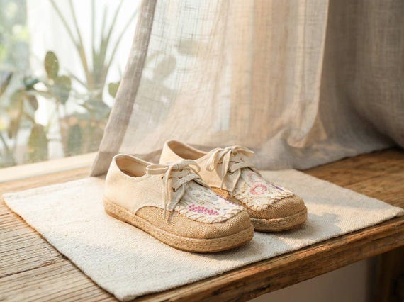 Women's Embroidered Cotton Linen Flats, Breathable Floral Lace Up Espadrilles, Ethnic Style Flat Shoes for Spring Summer Daily Wear