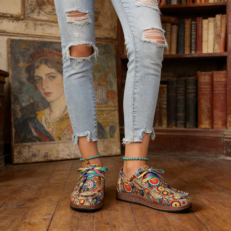 May include: Paisley print slip-on shoes with rainbow laces. The shoes have a cork sole and are worn with distressed light blue jeans. A turquoise beaded bracelet is worn on the ankle.