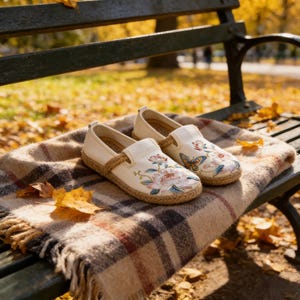 K&ouml;nnte beinhalten: Ein Paar cremefarbene Slipper mit Blumen- und Schmetterlingsstickerei. Die Schuhe haben eine gewebte Jutesohle und ein Seildetail oben. Sie liegen auf einer karierten Decke auf einer Parkbank.