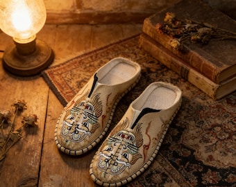 Men's Embroidered Linen Mules, Chinese Style Slip On Loafers, Non-Slip Rubber Sole Breathable Summer Casual Shoes