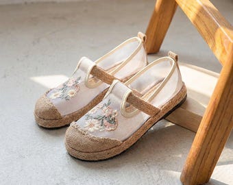 Embroidered Mesh Fisherman Shoes for Women, Breathable Linen Sole Mary Jane Flats, Summer Slip On Mules, Lightweight Vacation Shoes