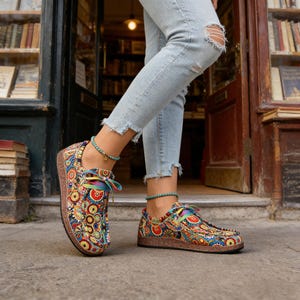 Colorful Bohemian Mandala Print Canvas Loafers for Women, Rainbow Lace Up Casual Shoes with Rubber Sole & Comfort Low Heel image 4