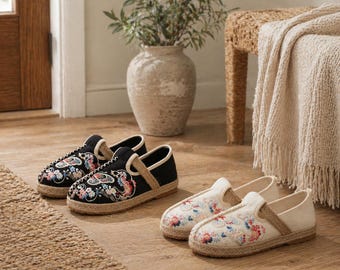 Hidden Wedge Embroidered Shoes Boho Floral Canvas Slip Ons Cottagecore Espadrilles Vintage Butterfly Flats Fairycore Women Footwear