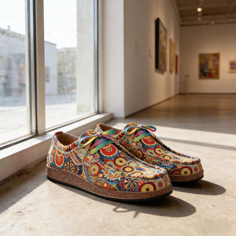 May include: A pair of colourful slip-on shoes with a vibrant floral pattern in red, yellow, blue, and green. The shoes have rainbow-coloured laces and a cork sole. The shoes are displayed indoors near a window.