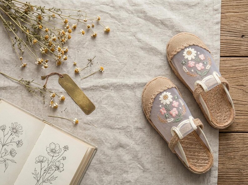 May include: Embroidered floral slippers in beige and white, with a sheer overlay. The slippers are on a light beige linen surface, next to a book with floral illustrations and dried flowers. A brass bookmark is also present.