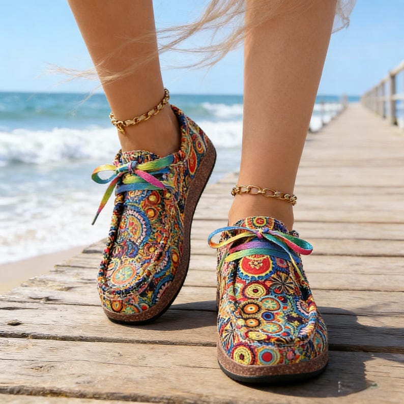 May include: Brightly patterned slip-on shoes with rainbow laces. The shoes have a cork sole and are worn with gold anklets. The shoes are on a wooden dock with the sea in the background.