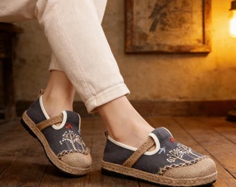 Ballerine in lino con ricami di alberi e uccelli, scarpe casual a punta tonda con suola in TPR per l'estate