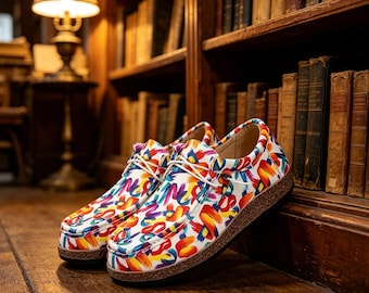 Colorful Graffiti Flats Women Slip On Loafers Boho Painted Sneakers Lightweight Faux Suede Shoes Casual Lace Up Walking Footwear