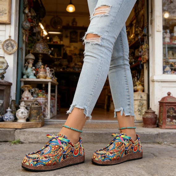 Colorful Bohemian Mandala Print Canvas Loafers for Women, Rainbow Lace Up Casual Shoes with Rubber Sole & Comfort Low Heel