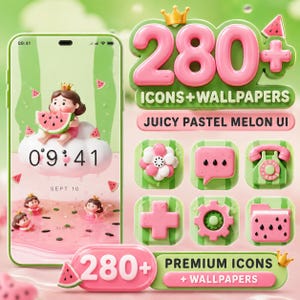 Juicy Pastel Melon UI App Icons Pack, Watermelon Kawaii Icons for iOS & Android