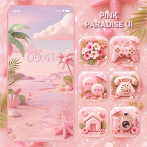 May include: A pink phone screen displays a beach scene with palm trees and clouds. The screen shows the time and date. The image also features app icons with floral and beach-themed designs, including a controller, phone, and camera. The text "PINK PARADISE UI" is at the top.