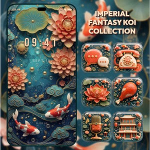 May include: A smartphone screen displays an "Imperial Fantasy Koi Collection" theme. The design features koi fish, lotus flowers, and decorative icons. The color palette includes teal, coral, and gold accents. The time is 09:41.