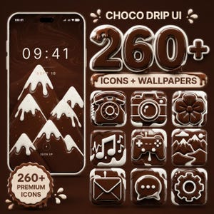 May include: A digital design set titled Choco Drip UI featuring a smartphone display with a chocolate-covered mountain wallpaper, 260+ icons, and wallpapers. The icons include a telephone, camera, flower, music note, game controller, and gear.