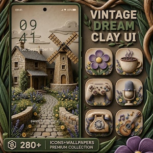 May include: A smartphone screen displaying a clay-style wallpaper of a stone house and windmill with a cobblestone path, alongside six matching app icons featuring a flower, coffee cup, game controller, microphone, telephone, and guitar.