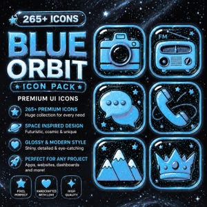 May include: A digital graphic featuring a "BLUE ORBIT ICON PACK" with 265+ icons. The icons are in a glossy, modern style and include a camera, radio, speech bubbles, phone, mountains, and a crown. The background is a dark blue space theme.