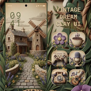 Könnte beinhalten: Ein Handy-Bildschirm zeigt eine Benutzeroberfläche im Tonstil mit einer Windmühle und einem Steinhaus. Der Text "VINTAGE DREAM CLAY UI" ist sichtbar. App-Symbole umfassen eine Blume, eine Kaffeetasse, einen Gamecontroller, ein Mikrofon, ein Telefon und eine Gitarre.