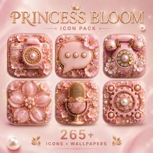 May include: A digital icon pack titled PRINCESS BLOOM featuring six square icons in shades of pink. The icons display a camera, a speech bubble, a rotary telephone, a flower, a microphone, and a gear, all decorated with pink blossoms and pearls.