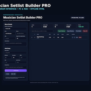 Könnte beinhalten: Eine Software-Benutzeroberfläche im dunklen Design mit dem Titel Musician Setlist Builder PRO. Das Dashboard enthält Eingabefelder für Show-Details, Songtitel, Dauer, BPM und Tonart sowie Schaltflächen zum Exportieren und Hinzufügen von Songs.
