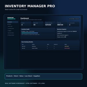 May include: A dark-themed software interface titled Inventory Manager Pro displaying a dashboard with metrics for products, units in stock, inventory cost value, and retail value. The screen includes an inventory health bar and a table of items needing attention with SKU, product name, stock levels, and status indicators.