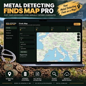 May include: A laptop screen displaying the Metal Detecting Finds Map Pro software interface, featuring a map of Europe, search filters, and data fields for coins, relics, and locations, with text overlays describing the digital tool's features.