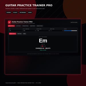Può includere: Un'interfaccia digitale Guitar Practice Trainer PRO con un tema scuro e accenti rossi. Lo schermo mostra le impostazioni per le sfide sugli accordi, inclusi BPM, stile e controlli del tempo, con l'accordo Em visualizzato al centro.