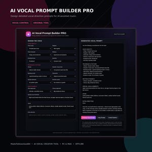 May include: A digital interface titled AI Vocal Prompt Builder PRO featuring a dark theme with two main columns. The left side contains dropdown menus for voice identity, technique, and dynamics. The right side displays a generated vocal prompt text.