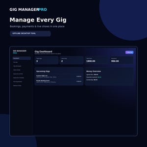 Op de afbeelding: Een software-interface met een donker thema genaamd Gig Manager Pro, met een dashboard met secties voor totaal aantal optredens, aankomende optredens en een financieel overzicht. De lay-out bevat een zijmenu voor boekingen en betalingen.