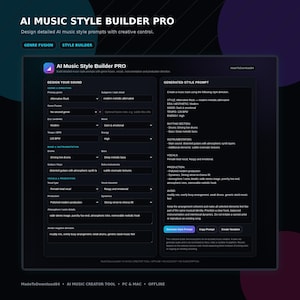 Pode incluir: Uma interface digital intitulada AI Music Style Builder PRO com um tema escuro e duas colunas. O lado esquerdo contém menus suspensos para configurações de gênero, tempo e instrumentação. O lado direito exibe um prompt de estilo gerado.