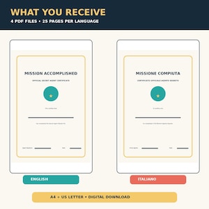 May include: A digital download set featuring four PDF files with 25 pages each. The image displays two official secret agent certificates, one in English titled MISSION ACCOMPLISHED and one in Italian titled MISSIONE COMPIUTA, both with a central teal circle and gold star.