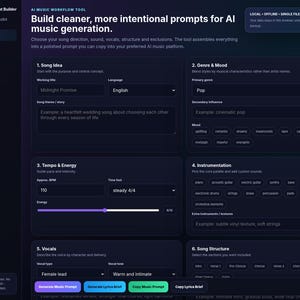 Può includere: Un'interfaccia digitale a tema scuro intitolata AI Music Prompt Builder PRO. Il layout presenta sei sezioni numerate per idee di canzoni, genere, umore, tempo, energia, strumentazione, voce e struttura, con campi di input e pulsanti per generare.