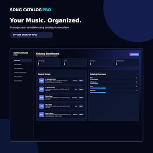 Può includere: Un'interfaccia software a tema scuro intitolata Song Catalog Pro, dotata di una dashboard con una panoramica della libreria di brani, voci recenti e un grafico dello stato del catalogo, inclusi menu di navigazione e statistiche.