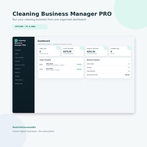 Op de afbeelding: Een digitaal dashboard-interface genaamd Cleaning Business Manager PRO voor pc en Mac. Het scherm toont secties voor taken van vandaag, maandelijkse inkomsten van €675,00, uitgaven van €251,50, een planning met klantnamen en een bedrijfsoverzicht.