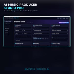 May include: A digital software interface titled AI Music Producer Studio Pro featuring a dark purple dashboard with sections for Song Identity, Instrument Layers, Vocal Production, Song Architecture, Mix Console, and Master & AI Target settings.