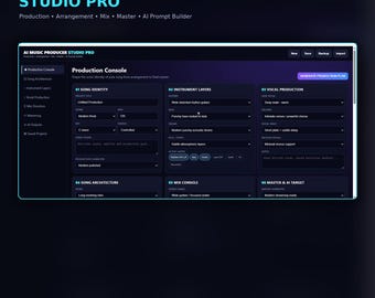 Könnte beinhalten: Eine digitale Software-Oberfläche mit dem Titel AI Music Producer Studio Pro, die ein dunkelviolettes Dashboard mit Bereichen für Song Identity, Instrument Layers, Vocal Production, Song Architecture, Mix Console und Master & AI Target zeigt.