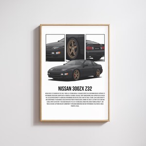 Op de afbeelding: Een ingelijste print met een zwarte Nissan 300ZX Z32. De print bevat drie inzetbeelden van de autodetails en de tekst "NISSAN 300ZX Z32" in een vetgedrukte lettertype. De auto is afgebeeld in een strakke, moderne stijl.